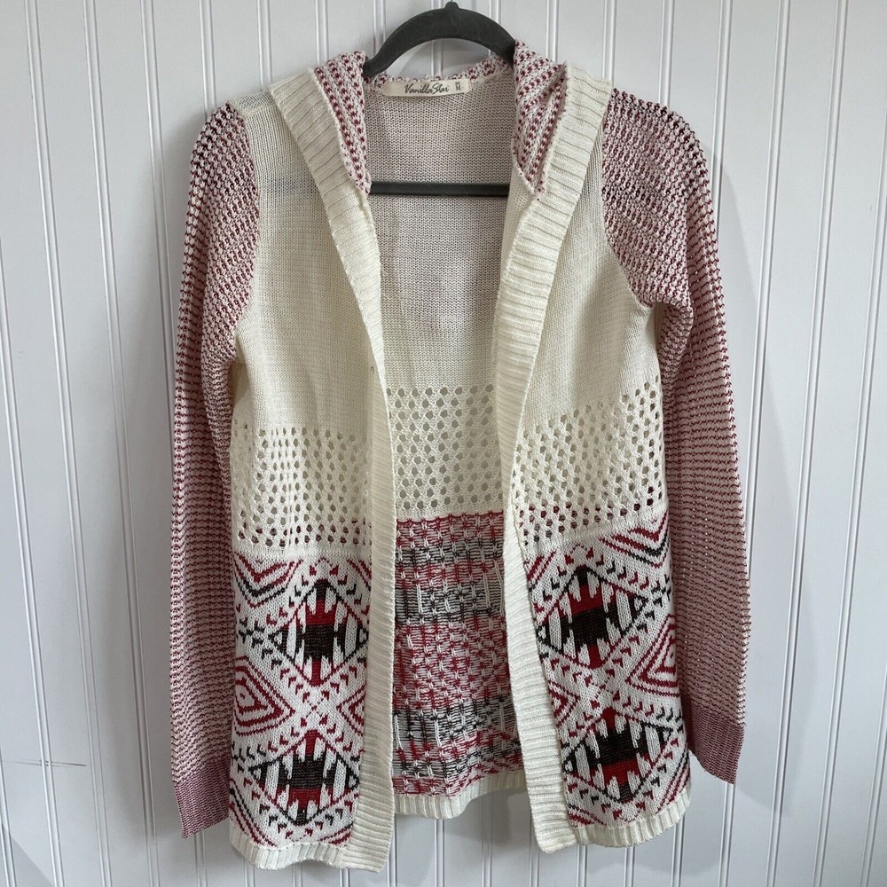 Vanilla Star Cardigan Womens Medium Open Long Hood Aztec Nordic Sweater